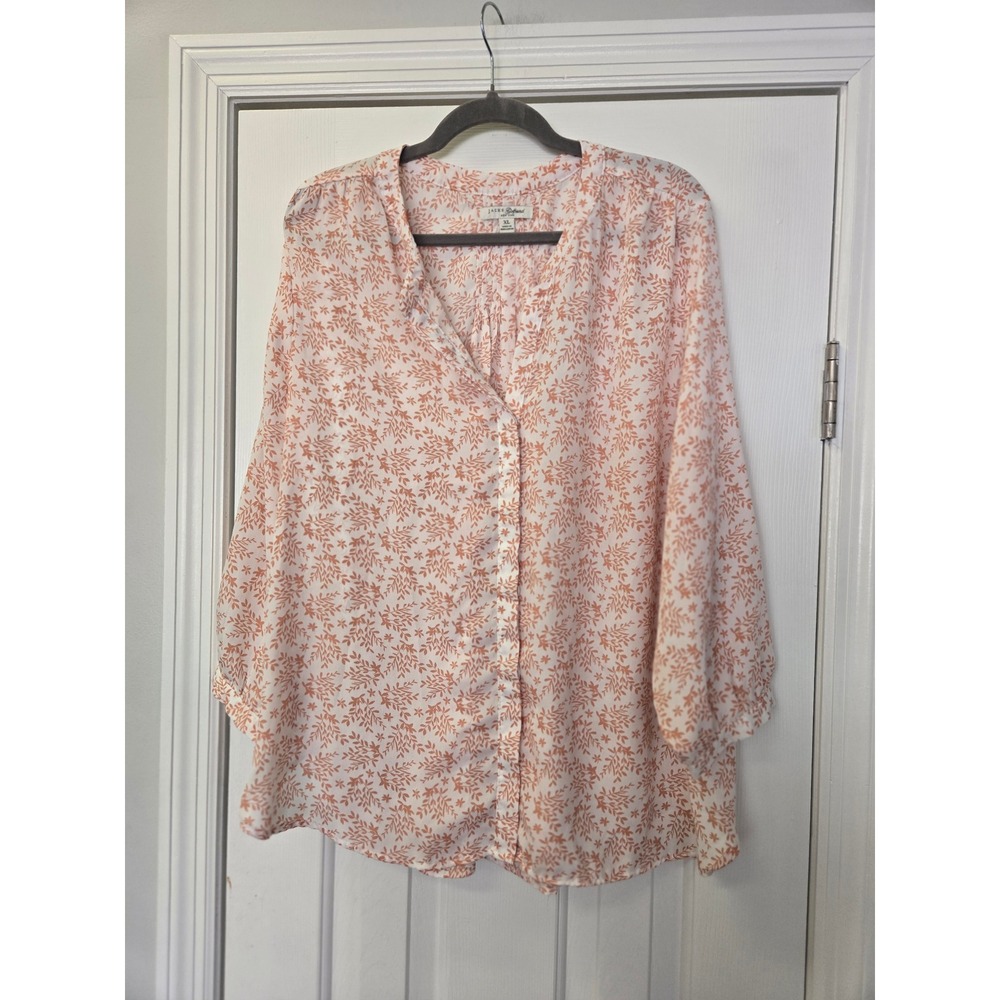 Jachs Girlfriend XL Peach Floral Leaf Print Button Up Blouse 3/4 Sleeve Boho